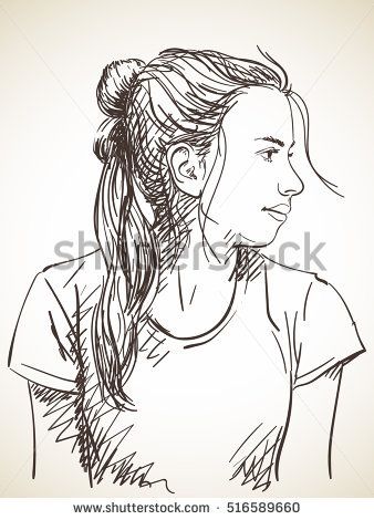 338x470 Sketch Of Beautiful Young Girl With Hair Tied In Ponytail, Hand - Young Girl Sketch