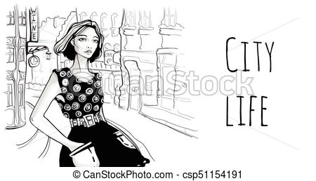 450x258 Young Girl On The Street Of Old City. Vector Portrait Illustration - Young Girl Sketch