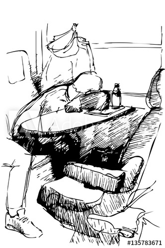 332x500 Vector Sketch Of A Young Man Sleeping On A Table By The Window I - Young Man Sketch