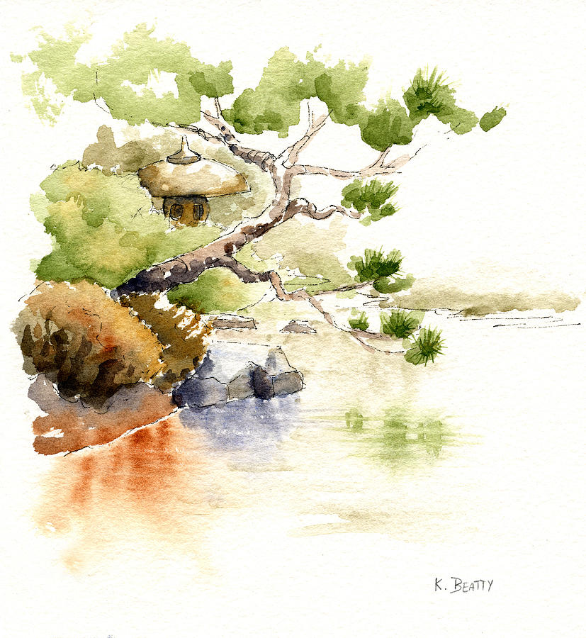 827x900 Japanese Garden Pond Sketch Painting By Karla Beatty - Zen Garden Sketch