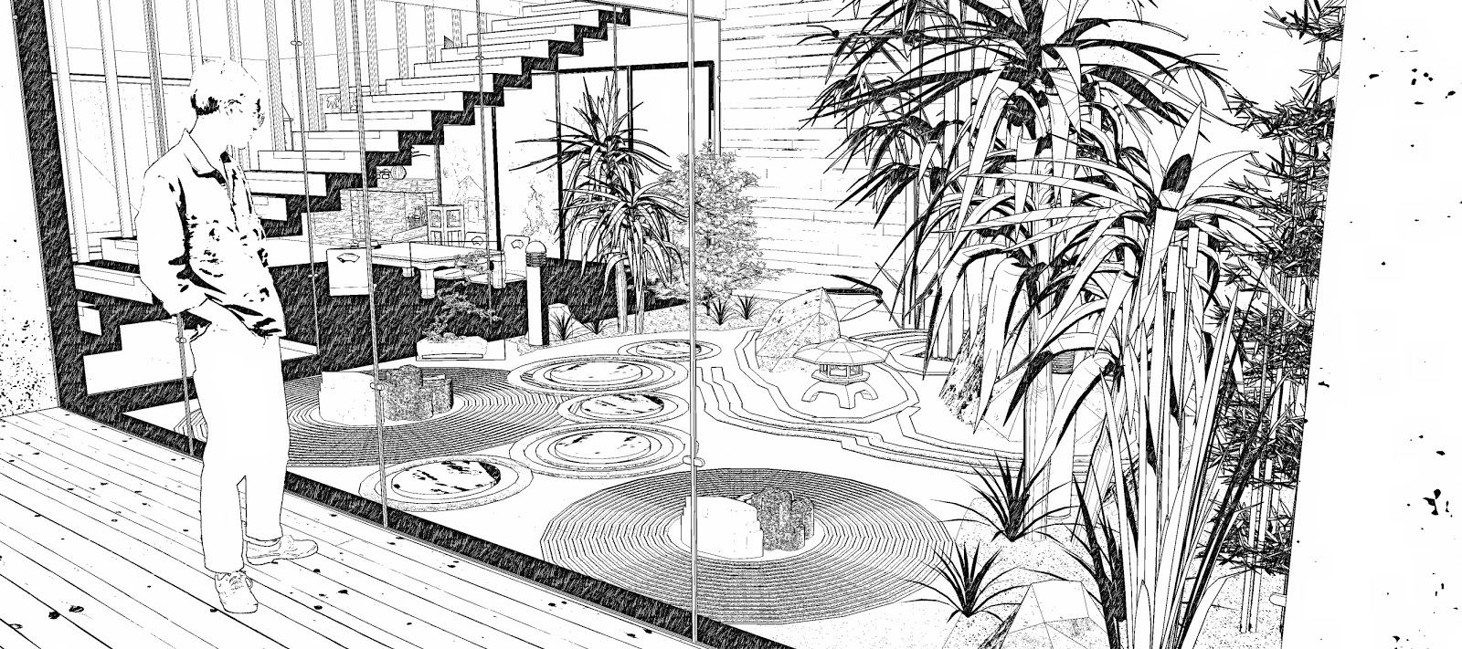 1600x711 L Arch Viz Design - Zen Garden Sketch