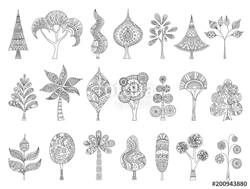 500x379 A Set Of Hand Drawn Sketches Of Trees. Vector Doodle Plant - Zentangle Sketches