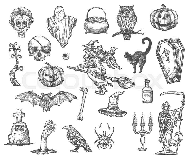800x677 Halloween Monsters And Symbols Vector Sketch Icons Of Pumpkin - Zombie Hand Sketch