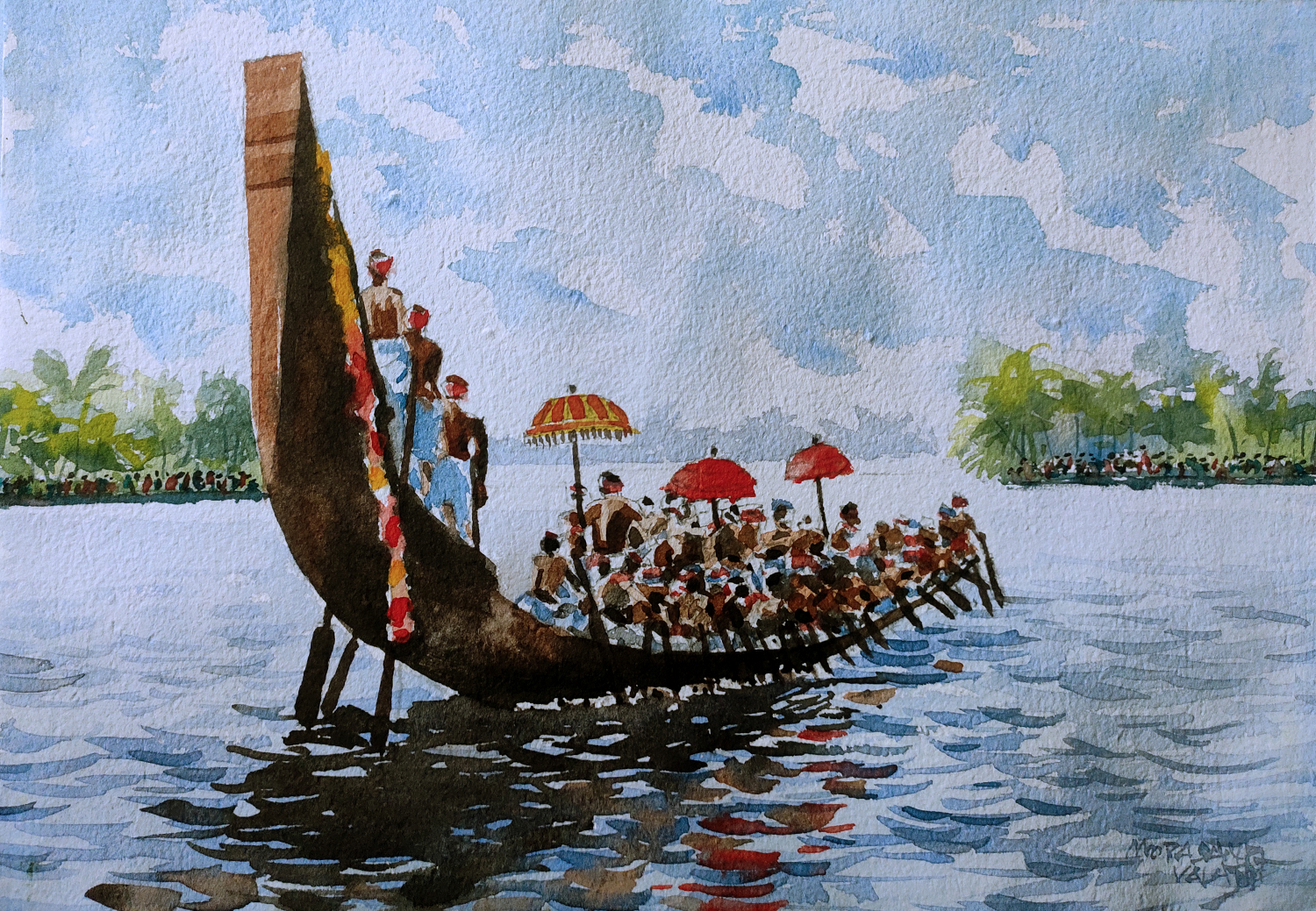 Watercolor painting on the sporty festival of Kerala, boat race.