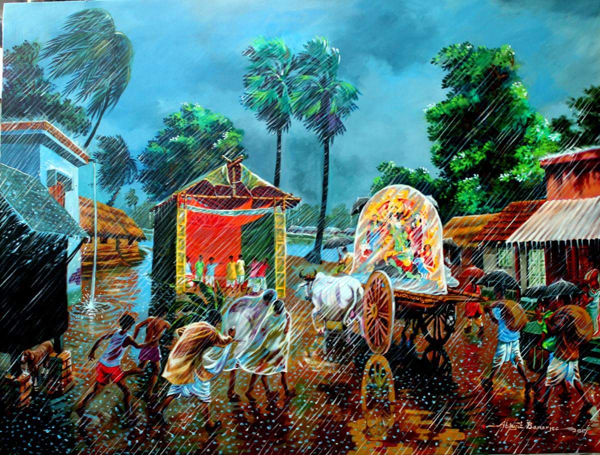 Here artist depicted a situation where before the Puja celebration rain has started and so the idol of Goddess Durga is covered with plastic to avoid its damage as it is made up of clay and people hide from the rain.