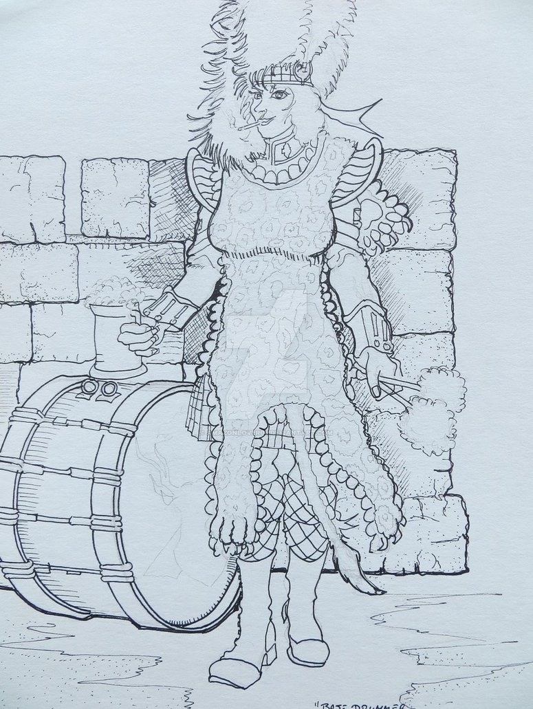 A sketch of a Female Base Drummer in a Scottish regiment