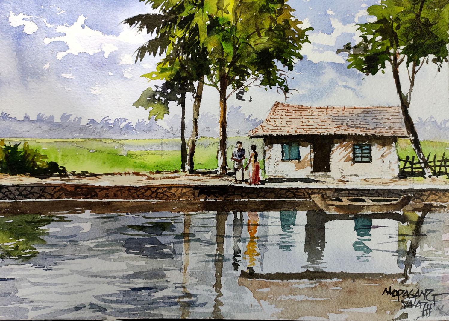 Watercolor painting on the village life.