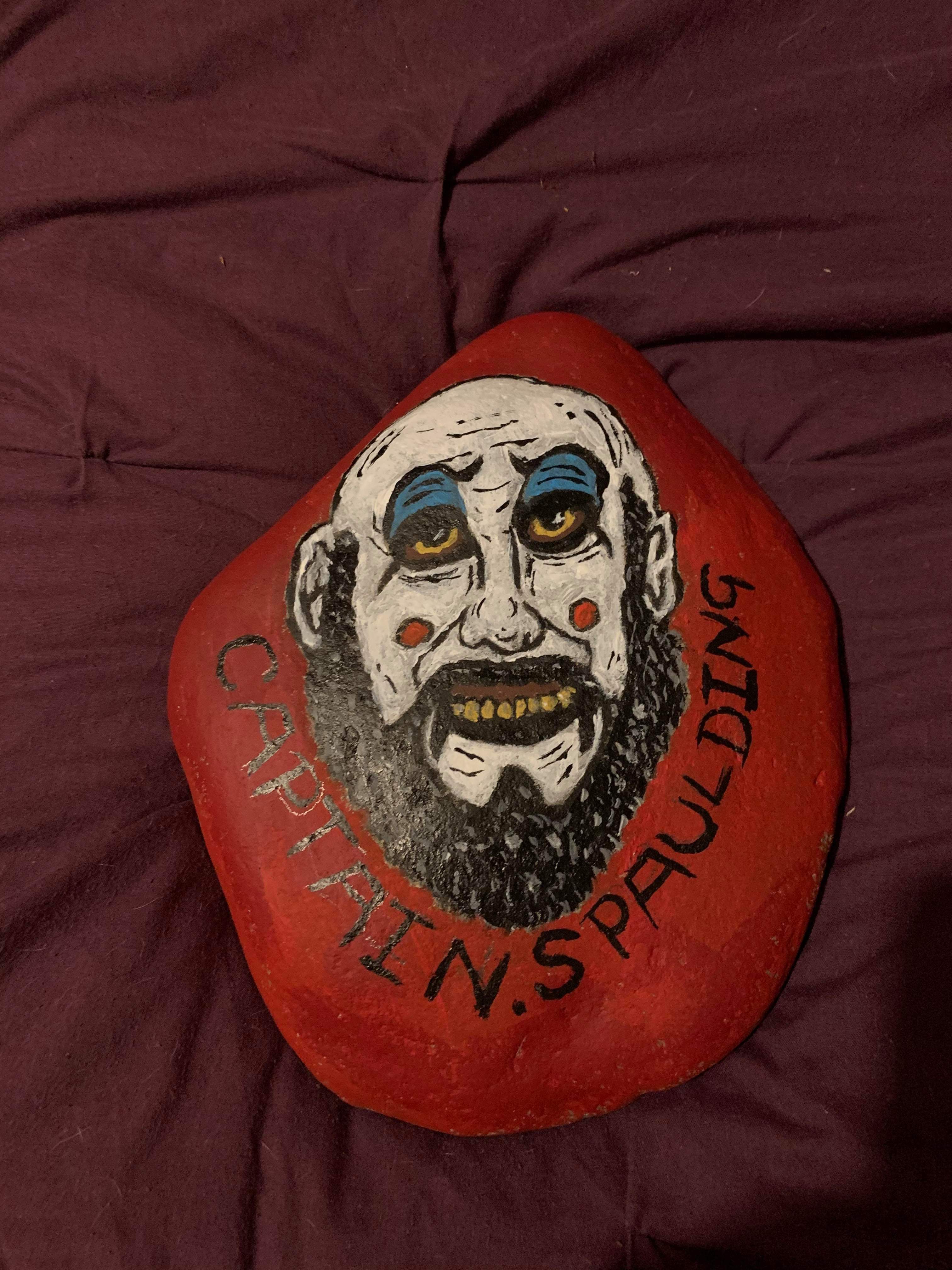 This is a painting that my partner made of her favourite horror actor the late great sid haig as captain spaulding my partner suffers from complex ptsd, severe anxiety and bpd and she loves drawing and painting and she doesnt think her paintings are that good