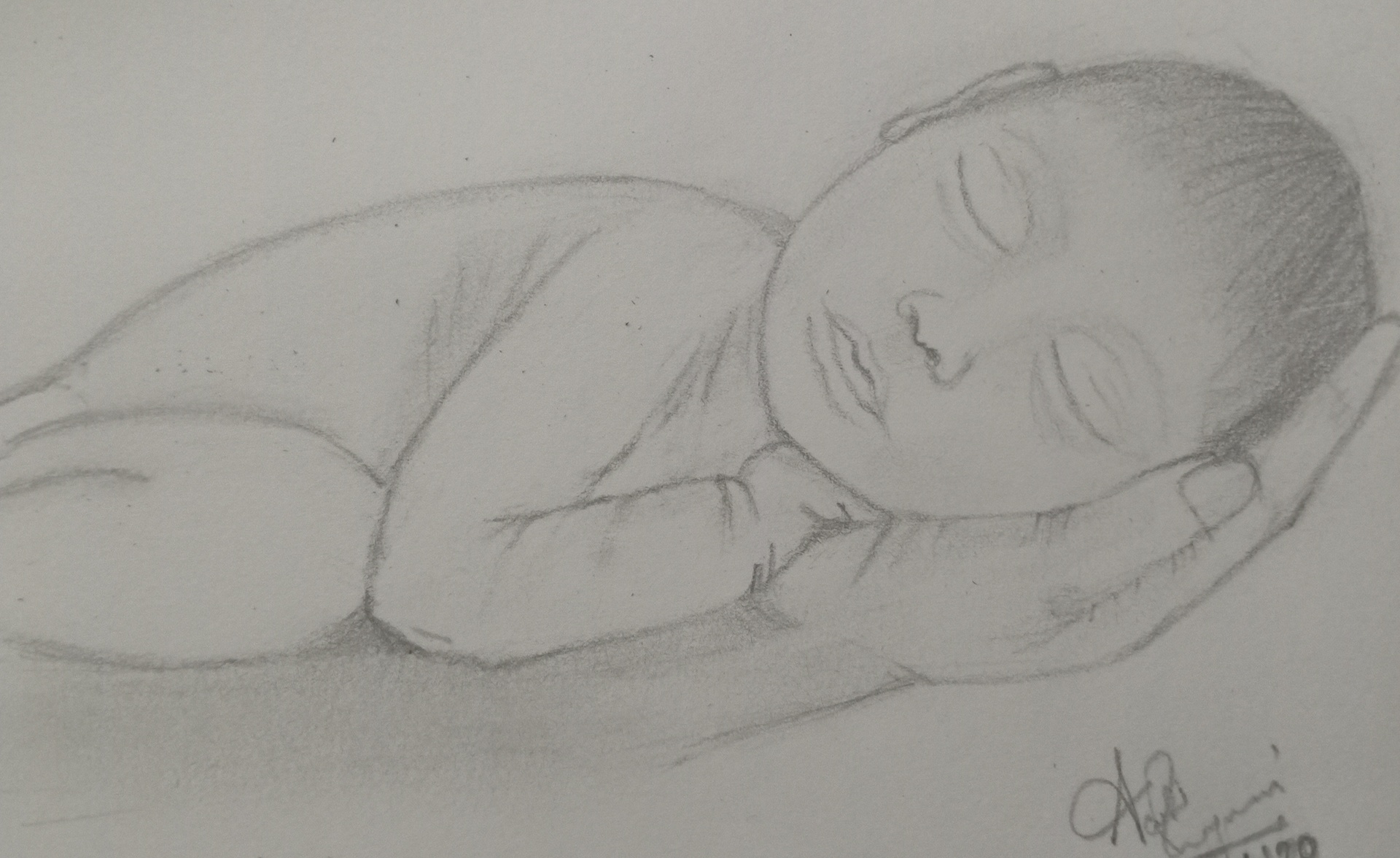 Simple pencil sketch of a sleeping baby