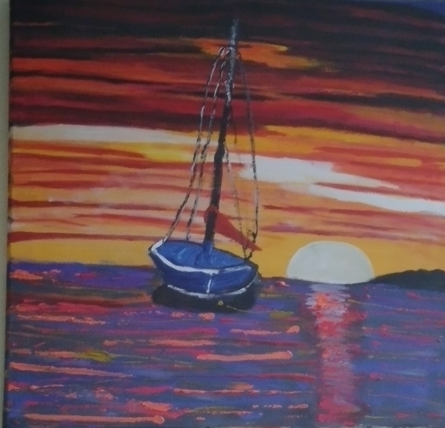 This painting is made on 12by12 canvas..its a sunset boat painting
