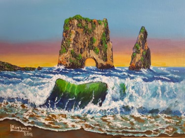 This painting depicts a pretty scenic view of the iconic set of rocks at dusk and deep blue sea with crashing sparkling waves off the Mediterranean coast of Raouche with a sunset in the distance and formation of foaming waves across the sandy bay in the foreground.