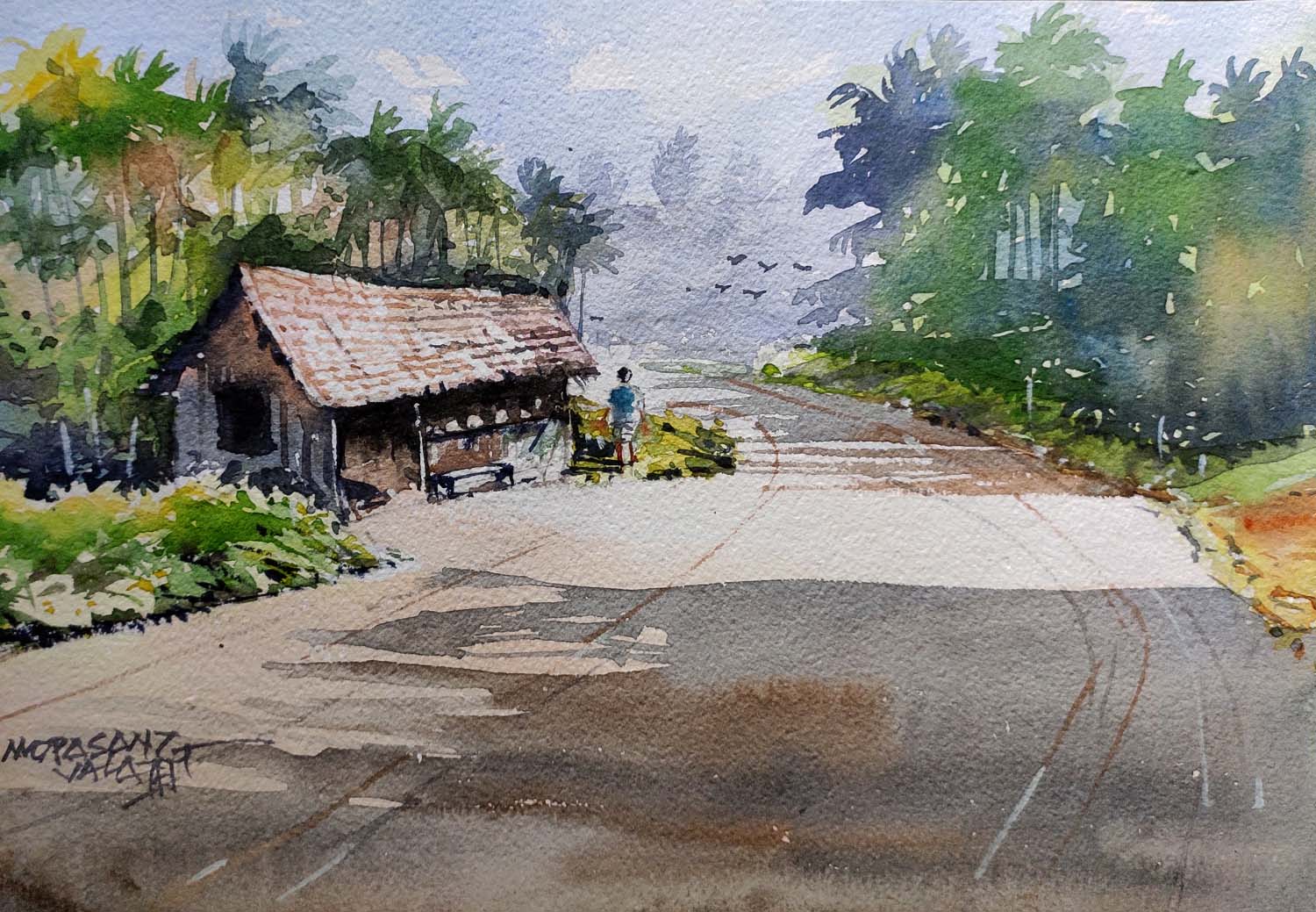 Watercolor painting on the daily life of a village.