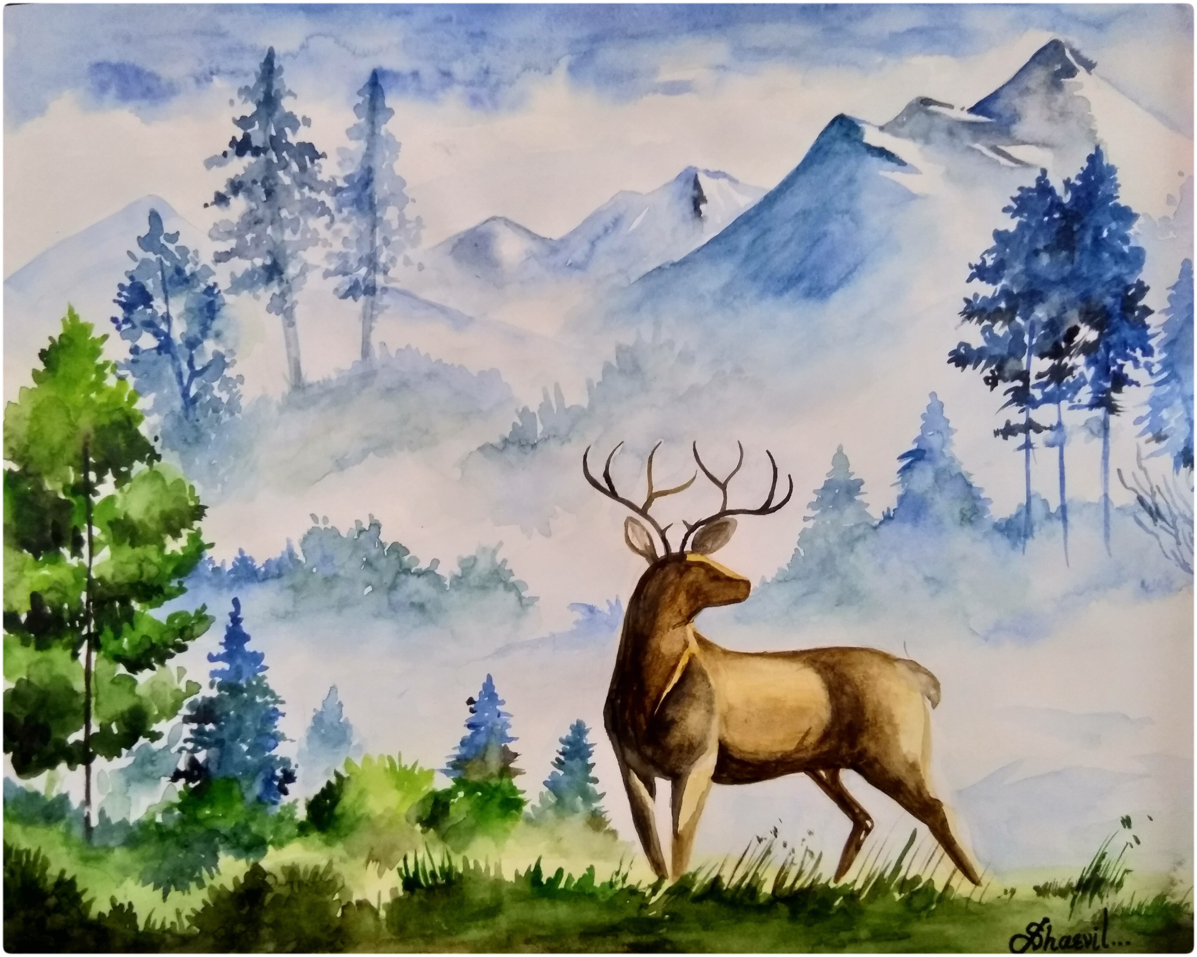 Watercolor landscape painting of nature
