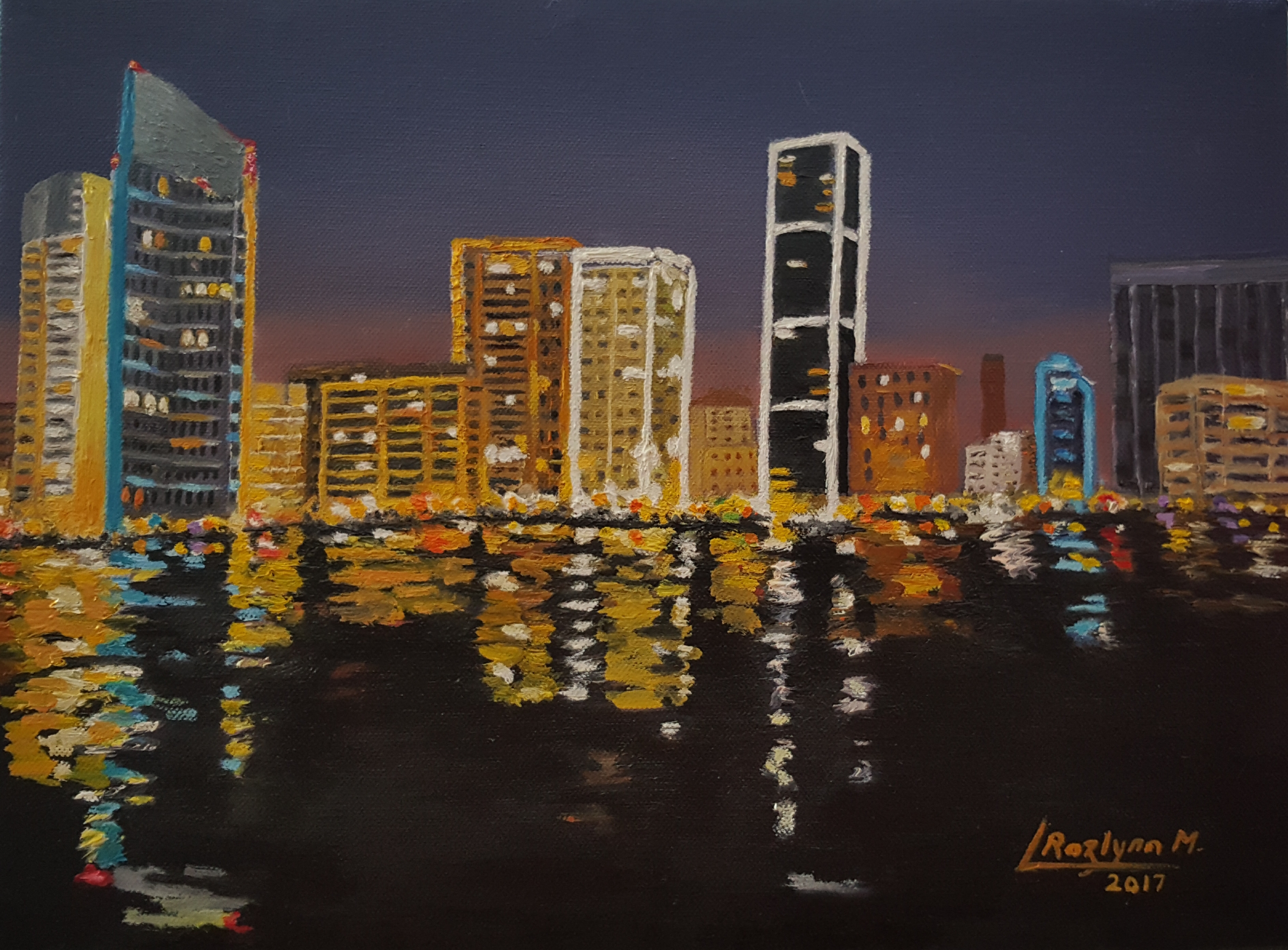 The painting depicts a beautiful night of a fading sunset view of the waterfront towers in Zaitunay Bay, Downtown Beirut on the city Northern Coast with twinkling golden reflections across the bay.